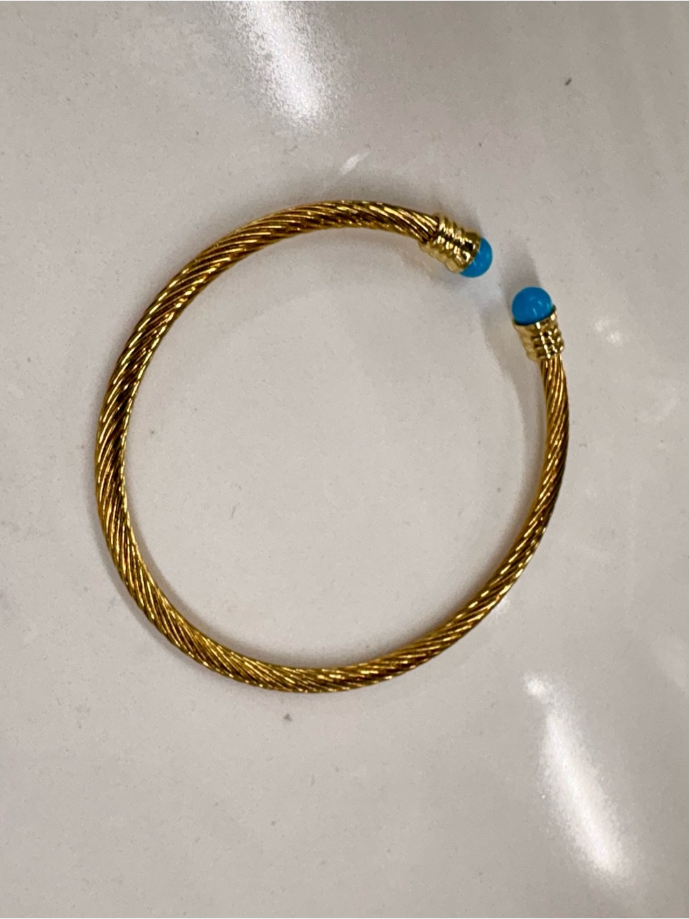 Gold Twisted Cable Stainless Steel No Tarnish Bracelet with Turquoise End Caps
